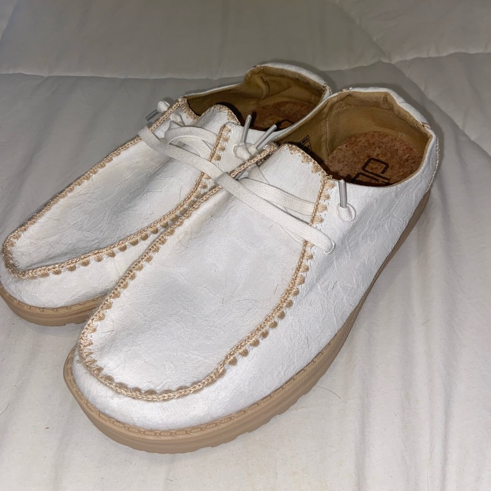 White womens Hey Dude shoes size 10